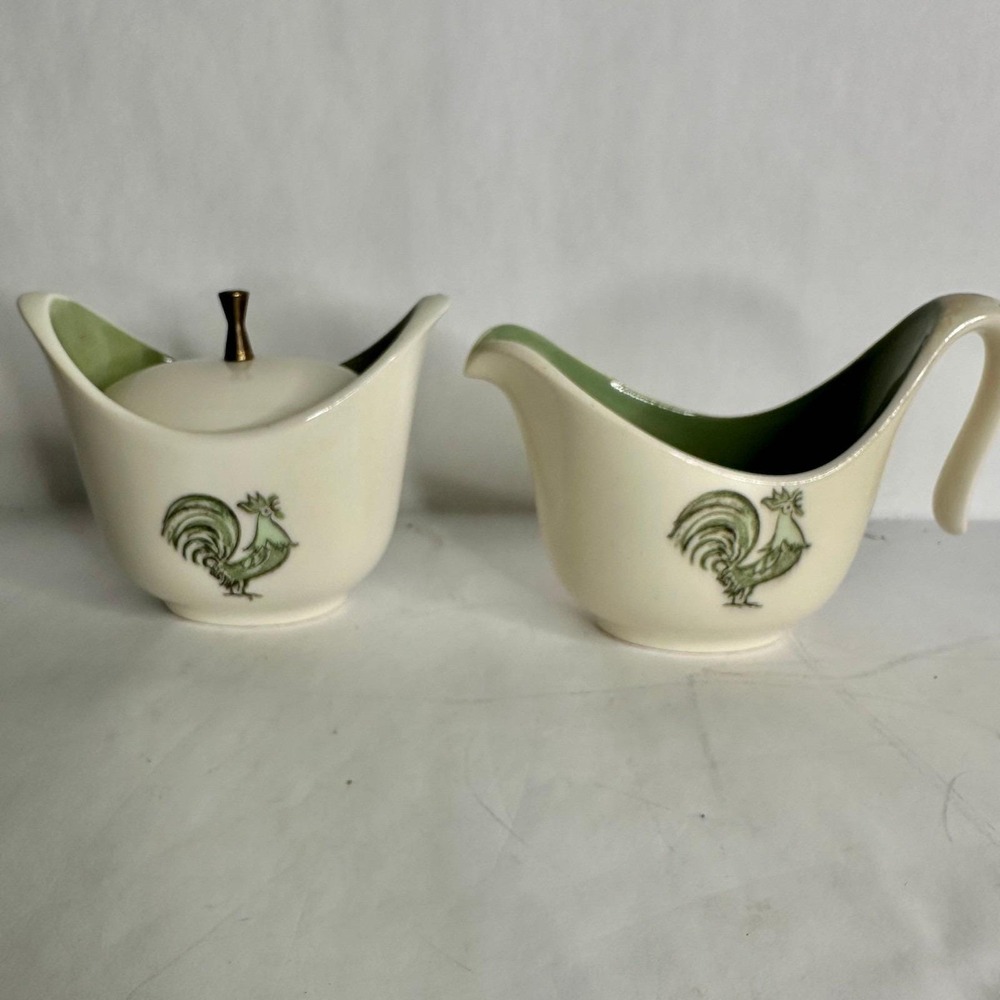 Vintage Taylor Smith Green Rooster Chicken Sugar Bowl & Creamer Set Ceramic